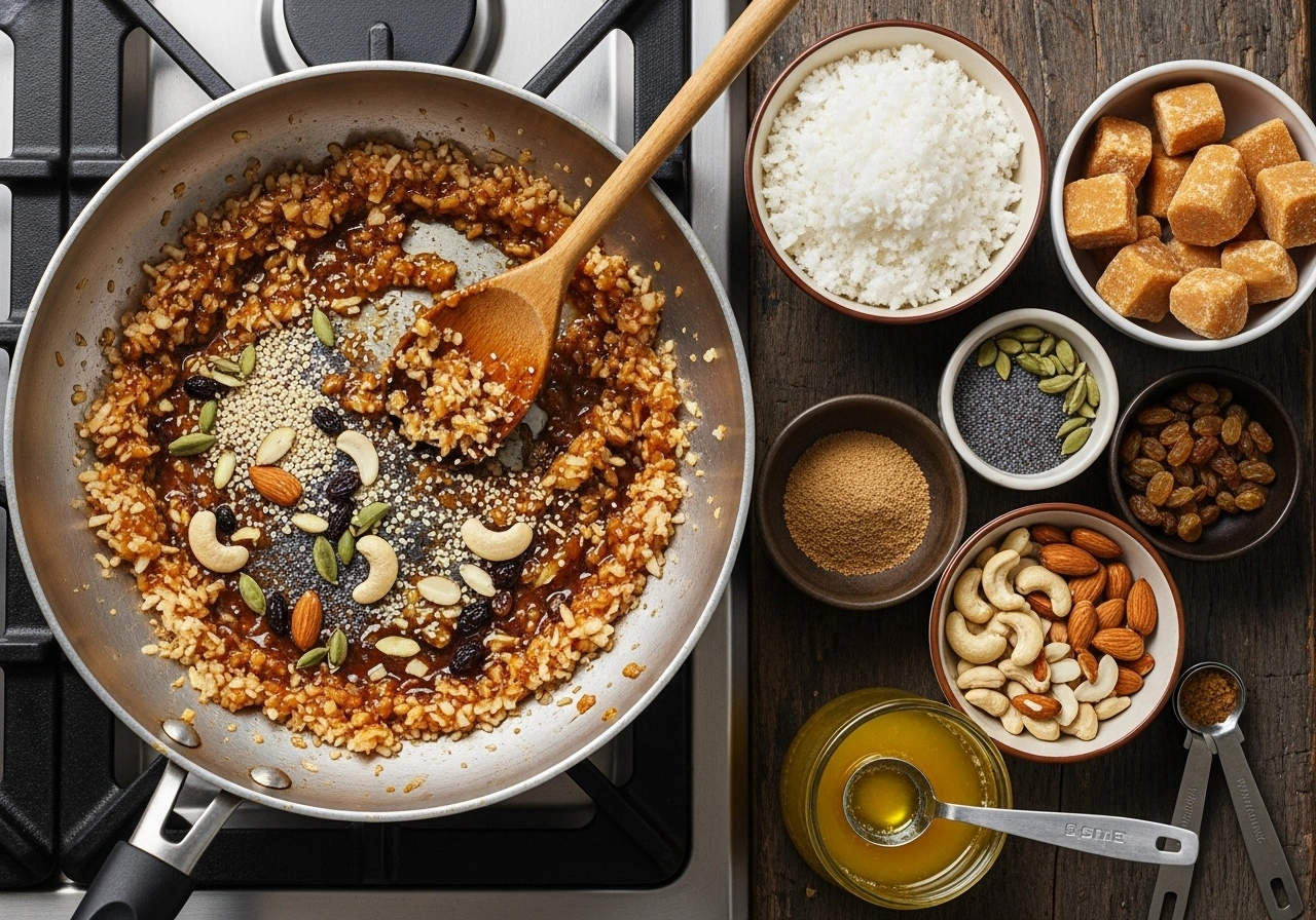 Make filling Heat 1 tsp ghee in a pan. Lightly roast coconut until moisture reduces. Add jaggery and cook on low flame until it melts and blends with coconut. Mix in cardamom, roasted poppy seeds, cashews, almonds, and raisins. Cool completely.