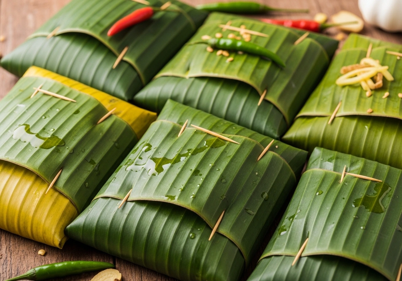 Wrap fish Place each marinated pomfret on a banana leaf, drizzle little oil, fold tightly into a parcel, and secure with toothpicks or kitchen thread.