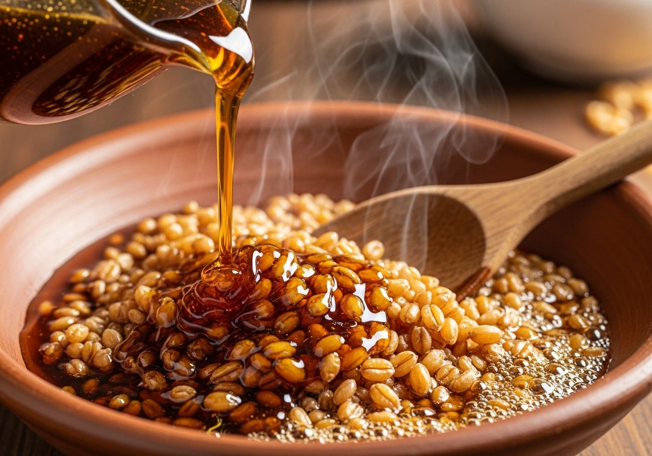 Combine wheat & jaggery Add jaggery syrup to the cooked wheat. Simmer for 8–10 minutes, stirring well.