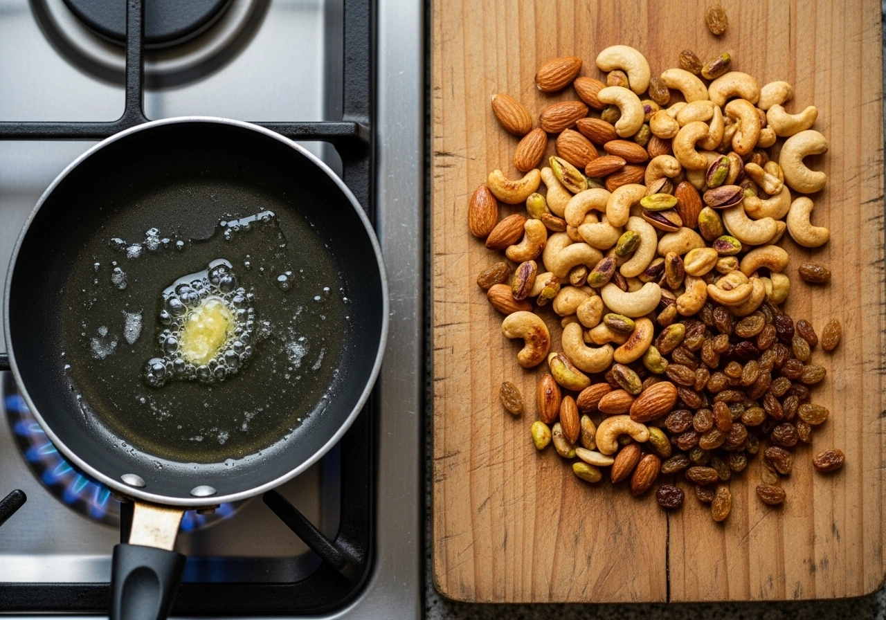 Prepare Dry Fruits Heat ghee in a small pan. Lightly roast almonds, cashews, pistachios, and raisins until golden. Set aside.