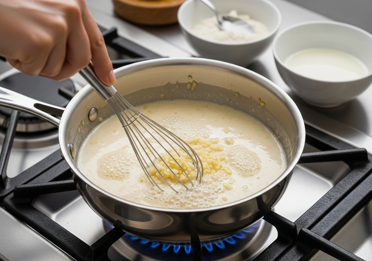 Prepare white sauce Heat butter in a pan. Add garlic and onion, sauté until translucent. Add flour and roast for 1 minute. Gradually add warm milk, whisking to form a smooth sauce.