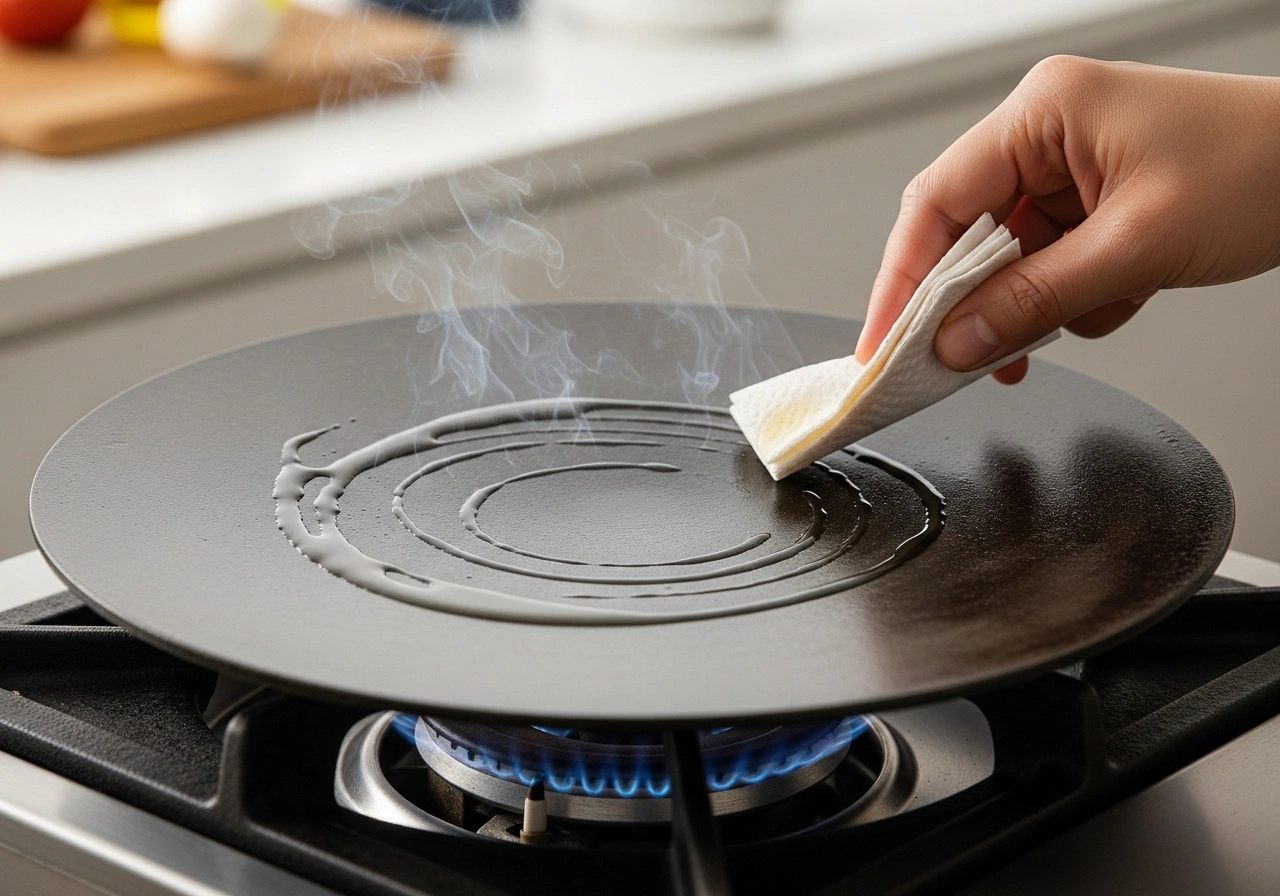Heat tawa Grease a non-stick tawa or skillet lightly with oil.