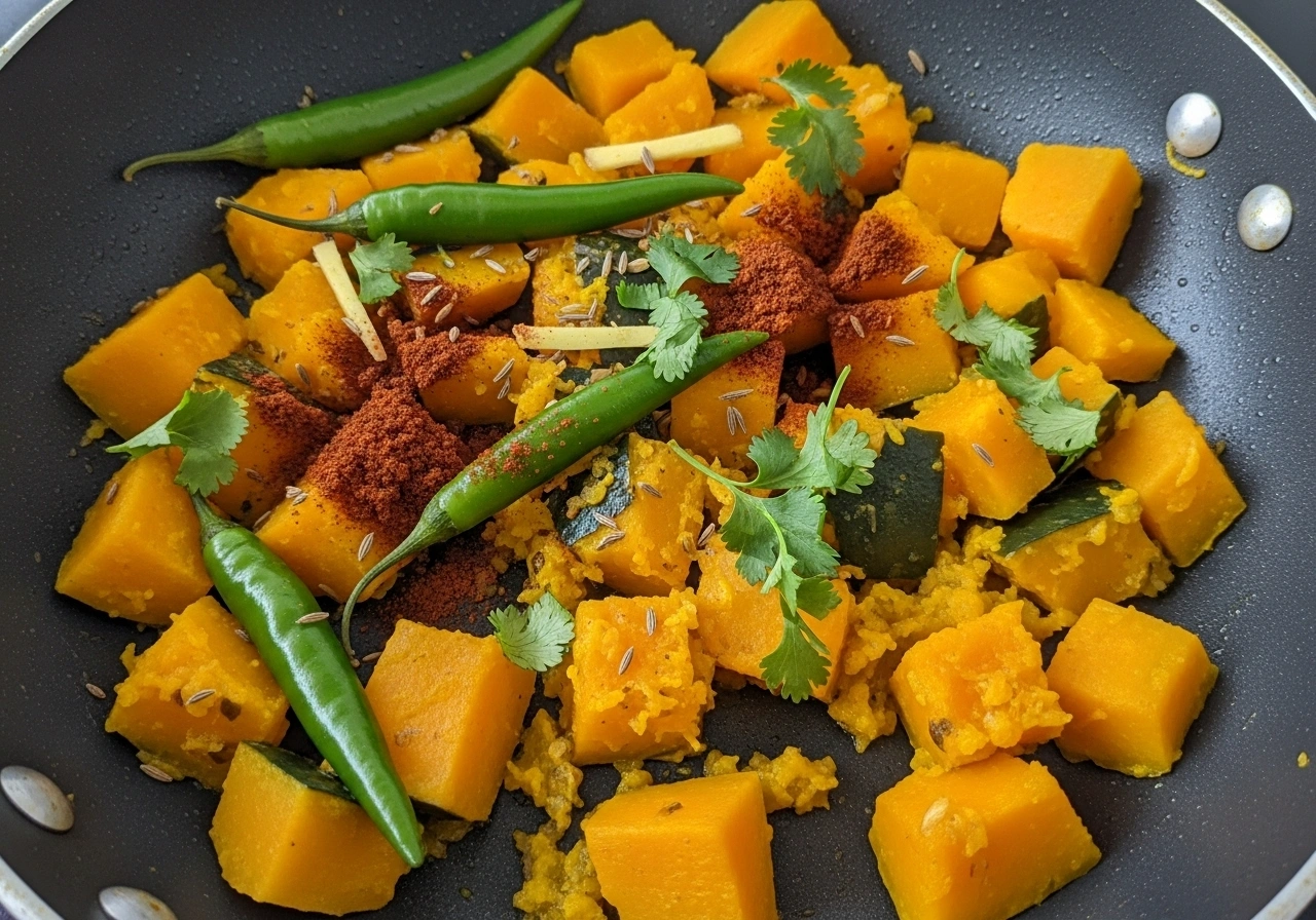 Make Kaddu Sabji Heat ghee in a pan. Add cumin seeds and let splutter. Add green chillies and ginger. Sauté for 30 seconds. Add pumpkin cubes, turmeric, rock salt, and chilli powder (if using). Mix well. Sprinkle ½ cup water, cover, and cook on low flame until pumpkin softens. Lightly mash some pieces to thicken consistency. Add amchur powder or lemon juice. Garnish with coriander leaves.