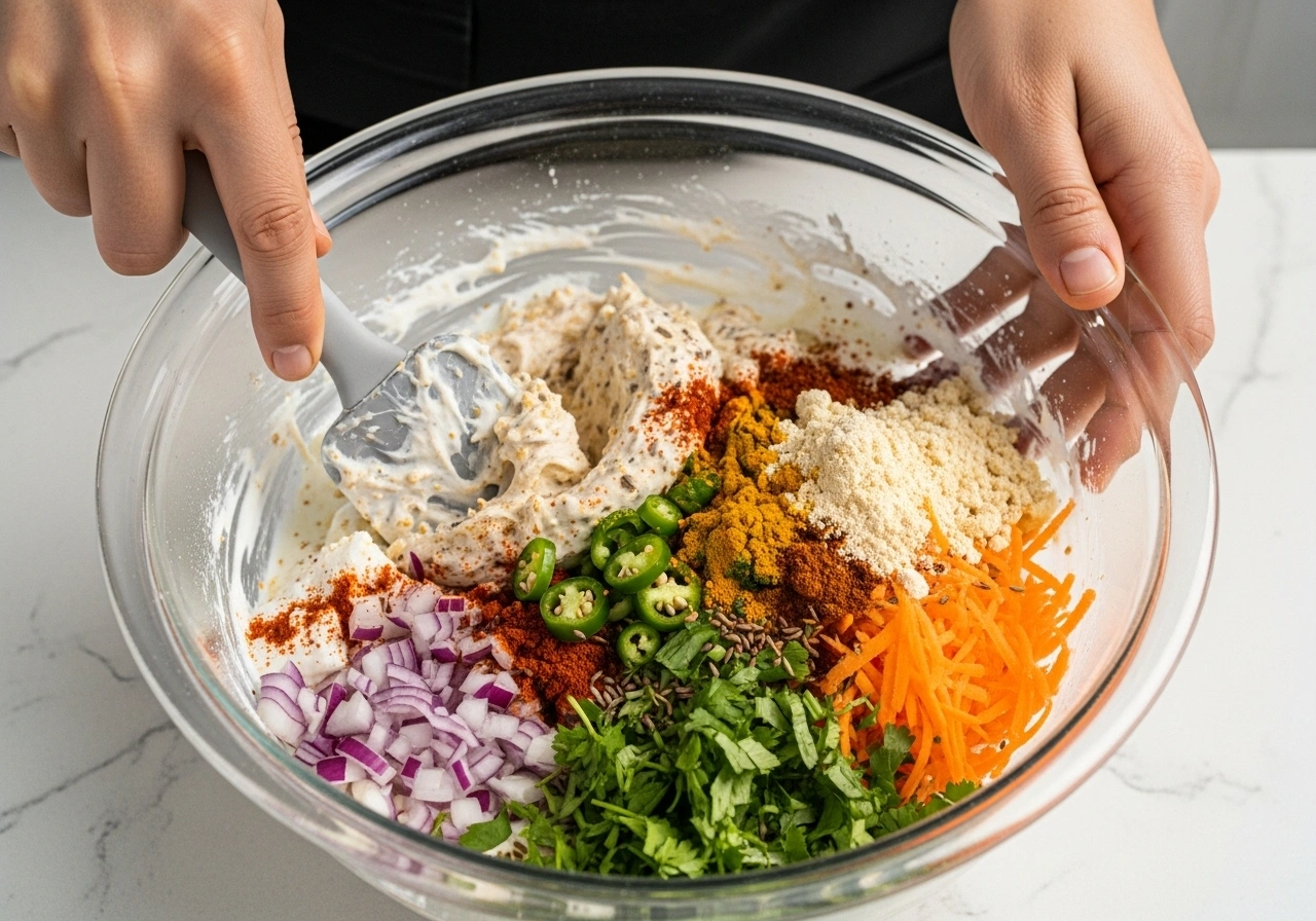 Make the Mixture In a mixing bowl, combine hung curd, grated paneer, roasted gram flour, onion, chili, carrot, coriander, and spices. Mix well until it forms a smooth yet firm dough-like mixture. Refrigerate for 15 minutes if too soft.