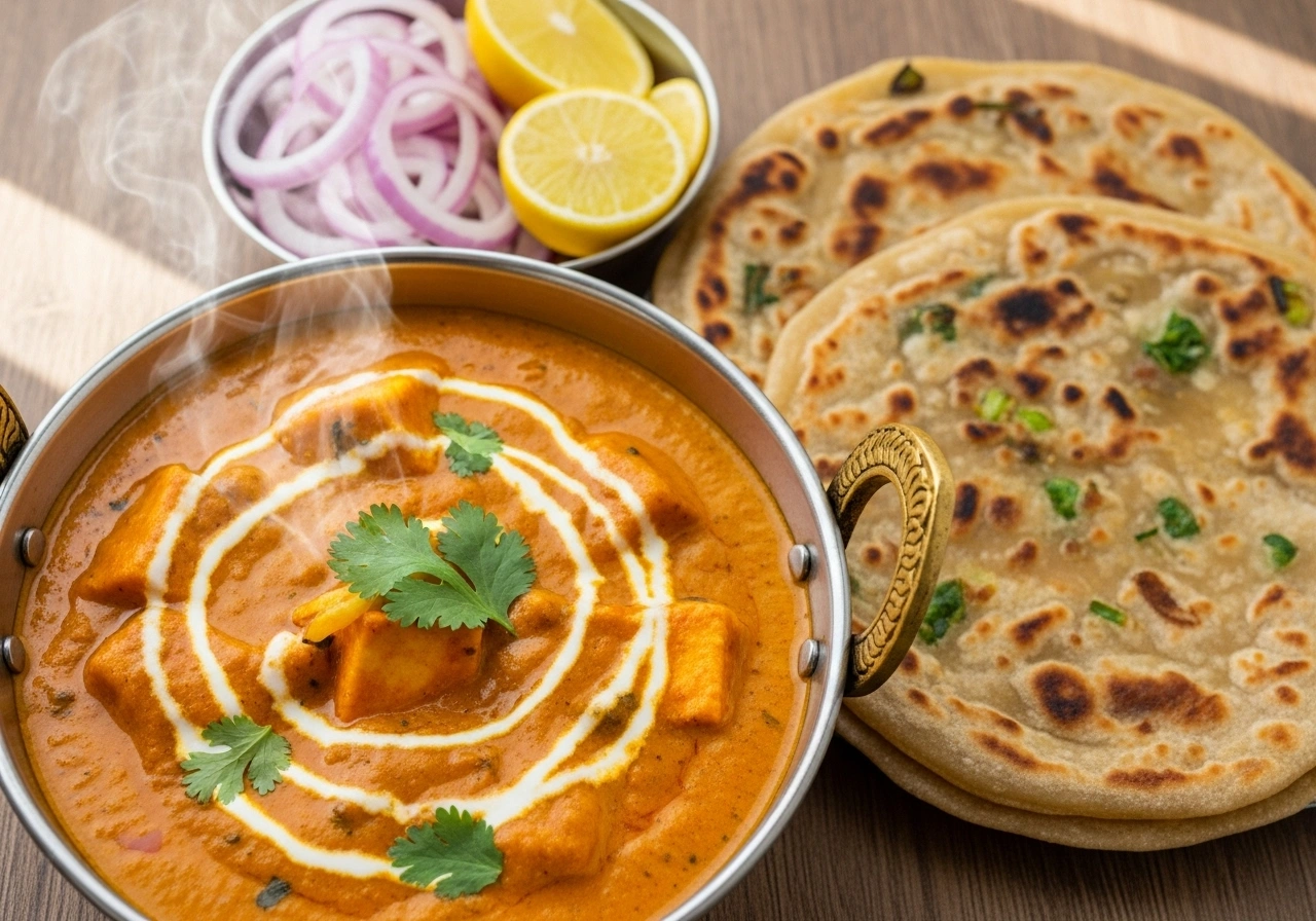 Serve Meal Serve hot Shahi Paneer with freshly made Green Onion Parathas. Garnish curry with cream swirls and coriander. Add sliced onions and lemon wedges on the side.