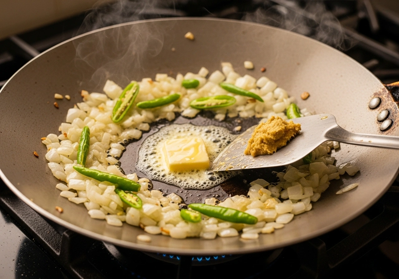 Sauté aromatics On a large tawa (or pan), heat butter + oil. Add onion and green chilli. Sauté until onions turn soft. Add ginger-garlic paste and cook until raw smell goes.