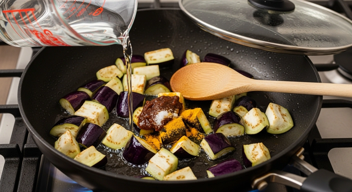 Cook the Brinjals Heat 2 tsp oil in a pan. Add quartered brinjals and sauté for 1 minute.