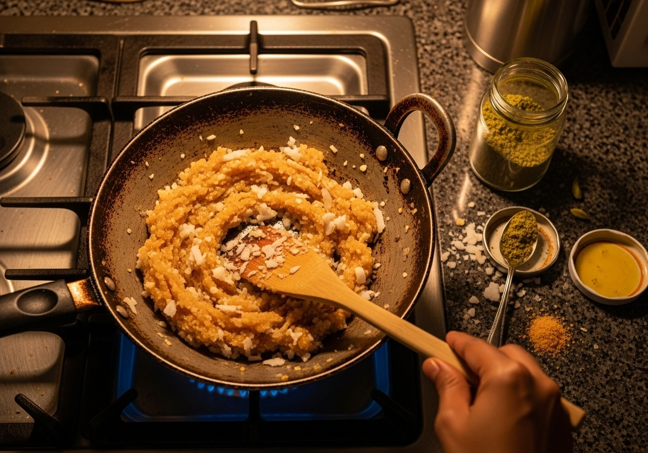 Prepare filling In a pan, cook grated coconut and jaggery on low flame until jaggery melts and blends with coconut. Add cardamom powder and ghee. Mix well and cool.