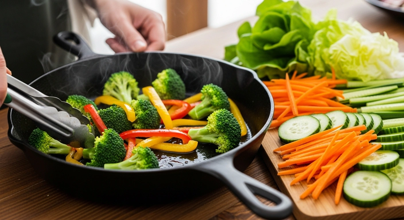 Prepare veggies Lightly sauté broccoli and bell peppers. Keep carrots, cucumber, and lettuce raw for crunch.