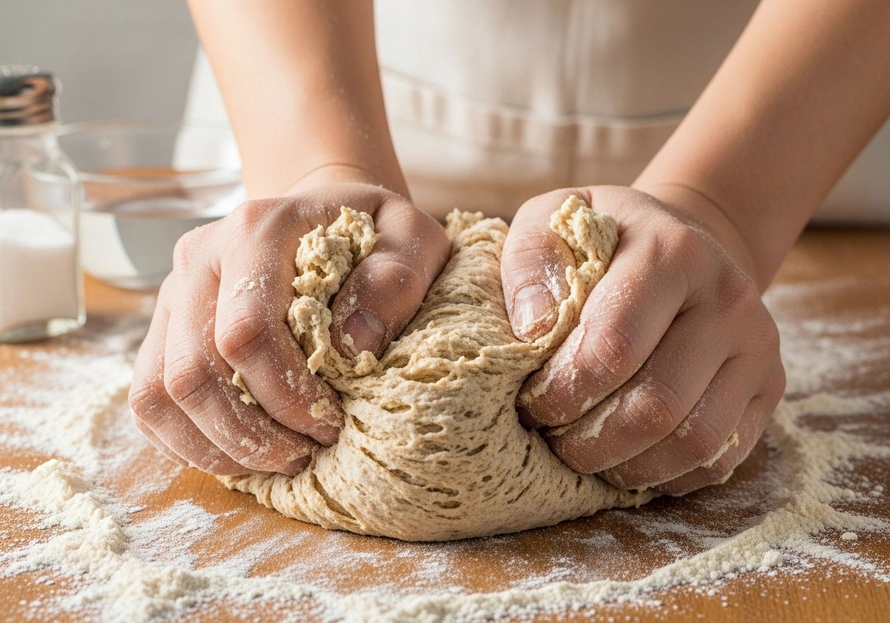 Make dough Knead whole wheat flour with water and a pinch of salt into a soft dough. Rest for 15 minutes.