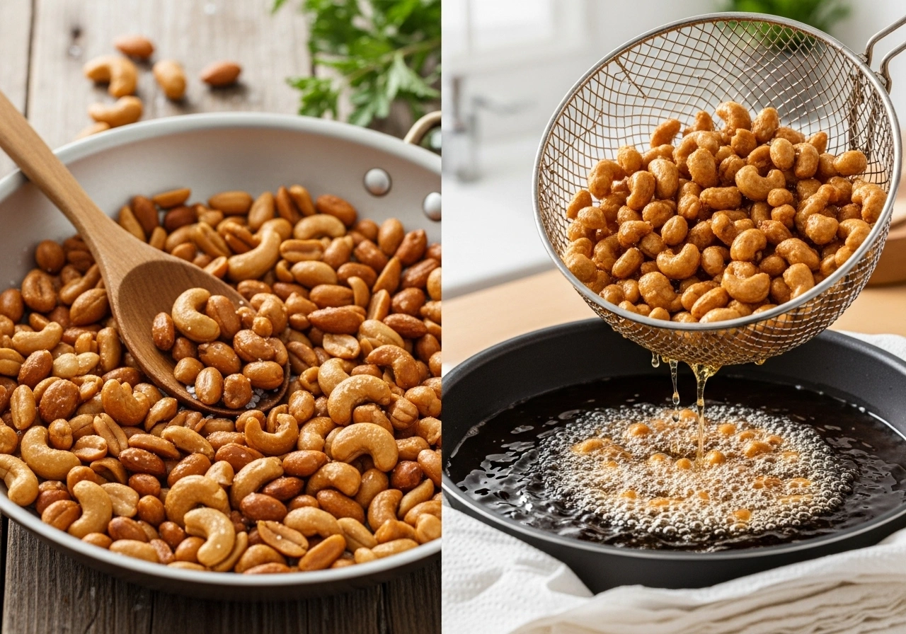 Roast or fry nuts Healthy version: Dry-roast peanuts, cashews, and almonds separately until golden and crunchy. Indulgent version: Deep-fry nuts in hot oil until crisp. Drain on paper towels.
