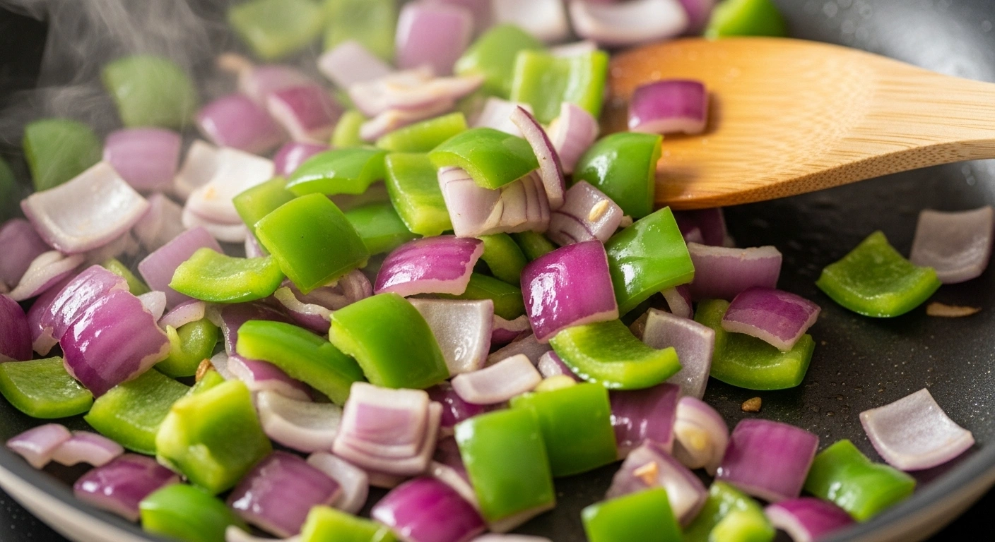 Prepare veggies Lightly sauté onion and capsicum until just softened but still crunchy.