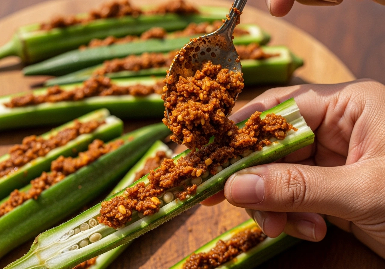 Stuff bhindi Fill each slit bhindi with the masala mixture using a small spoon or fingers.