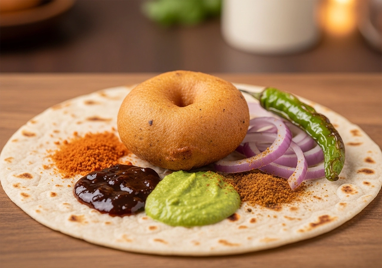 Assemble wrap Warm chapatis or tortillas. Spread 1 tsp green chutney and 1 tsp tamarind chutney. Sprinkle some dry garlic chutney. Place one hot vada in the centre. Add onion slices, chaat masala, and a fried green chilli if desired.