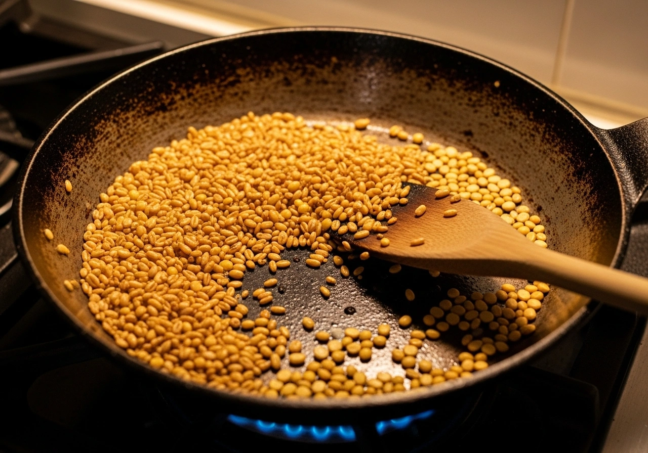 Roast dalia & dal Dry roast dalia in a pan until golden and aromatic. Similarly, roast moong dal lightly.