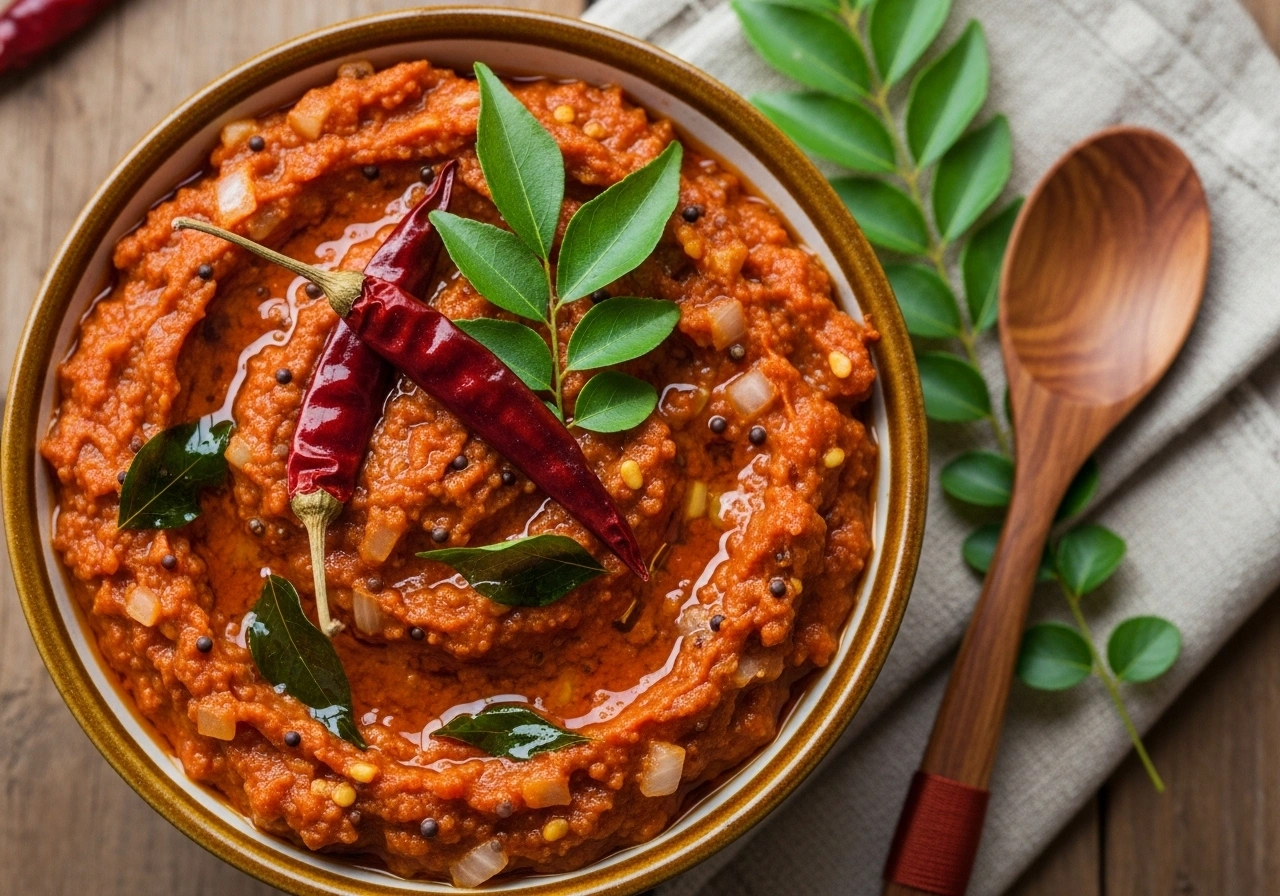 Make Tomato Chutney Heat oil in a pan. Add mustard seeds, curry leaves, dry red chili, and garlic. Sauté briefly. Add onions and green chili, fry until golden. Add tomatoes, salt, and jaggery. Cook till tomatoes turn soft and chutney thickens. Cool slightly and blend smooth (optional).