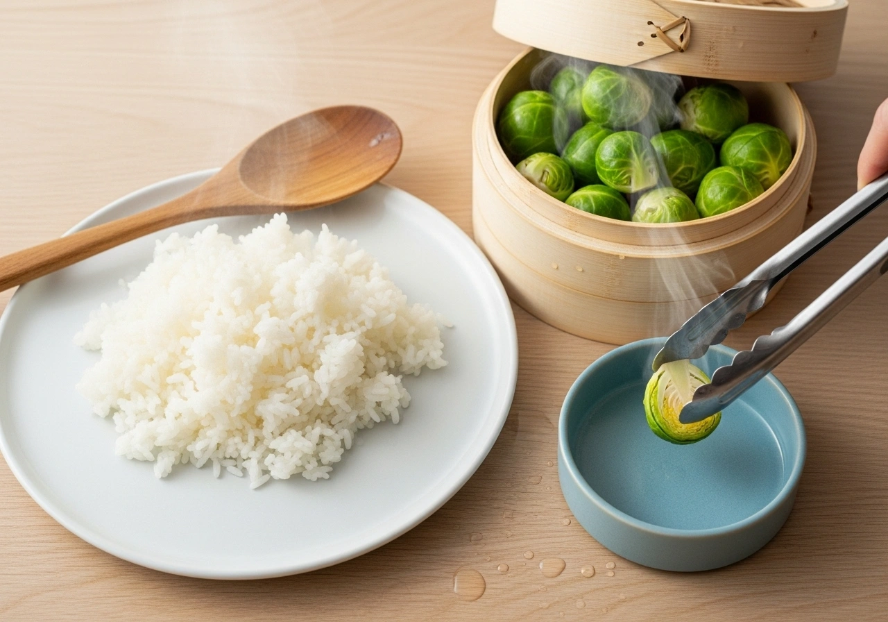 Step 1: Prep rice & sprouts Steam sprouts lightly (don’t overcook). Ensure rice is cooled and separated.