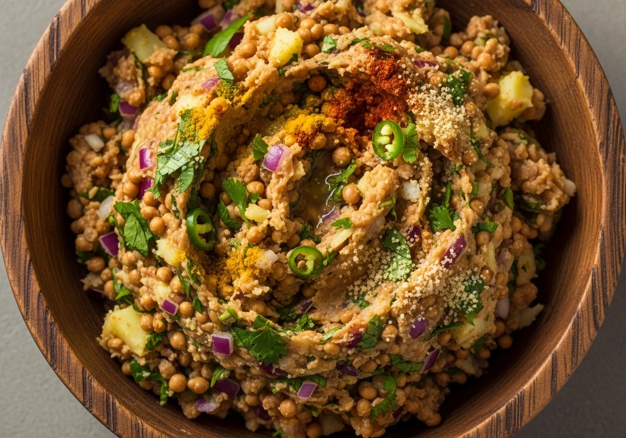 Prep soya Soak soya granules in hot water for 10 minutes. Drain and squeeze out excess water.
