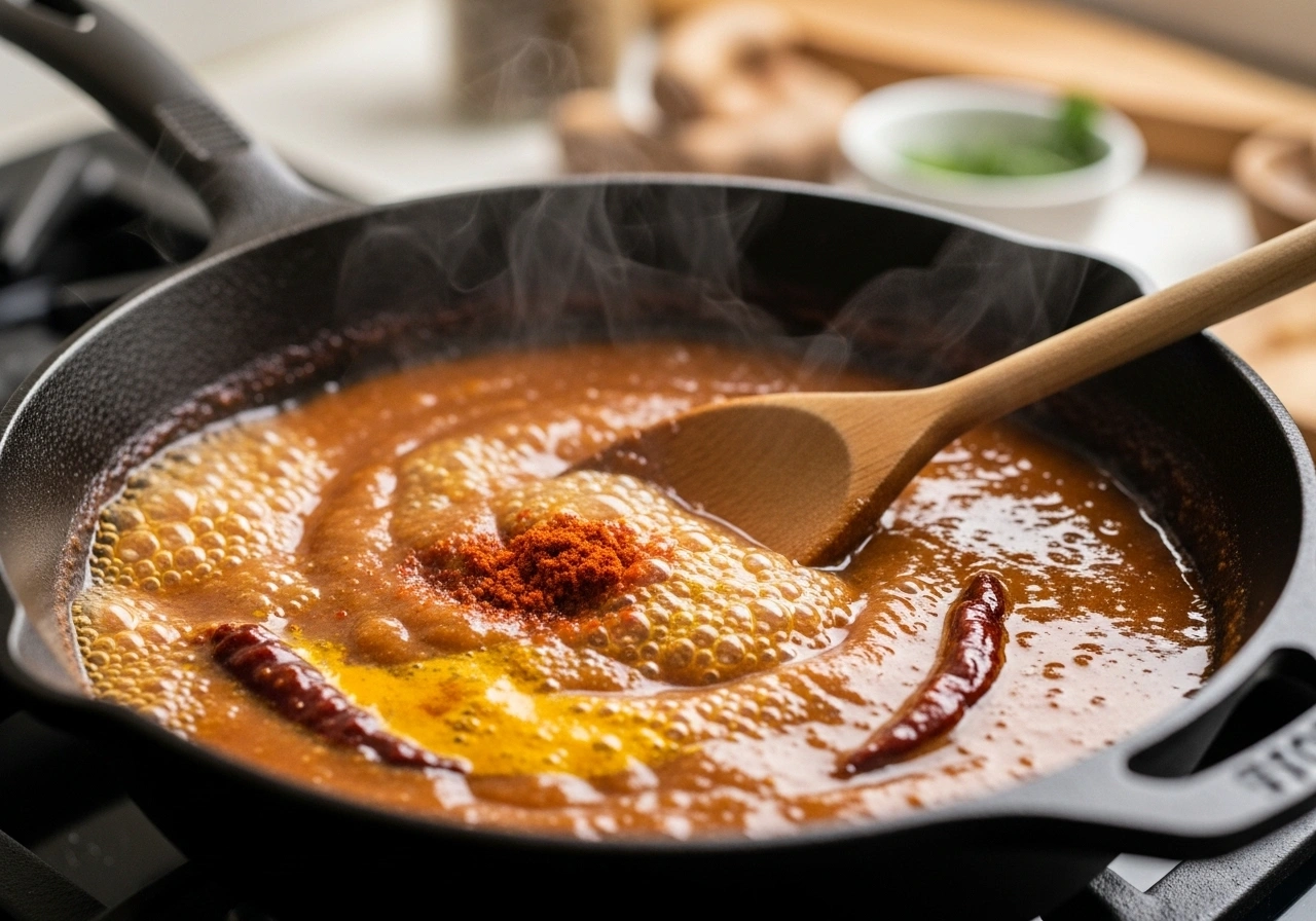 Prepare tamarind base In the same pan, add tamarind extract, turmeric, chilli powder, and salt. Simmer until it thickens slightly.