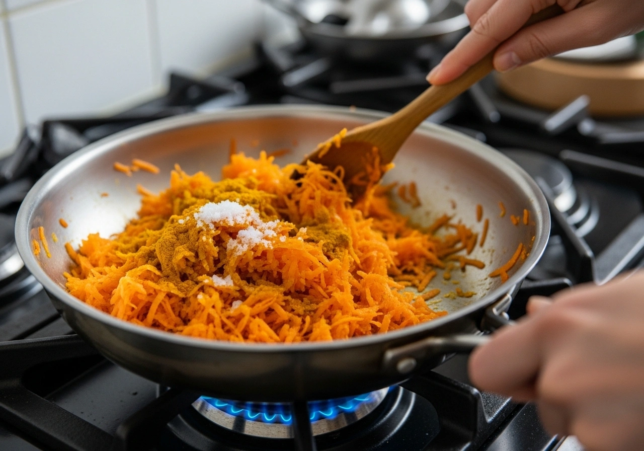 Add carrots & spices Stir in grated carrots, turmeric, and salt. Cook for 4–5 minutes until carrots soften but remain slightly crunchy.