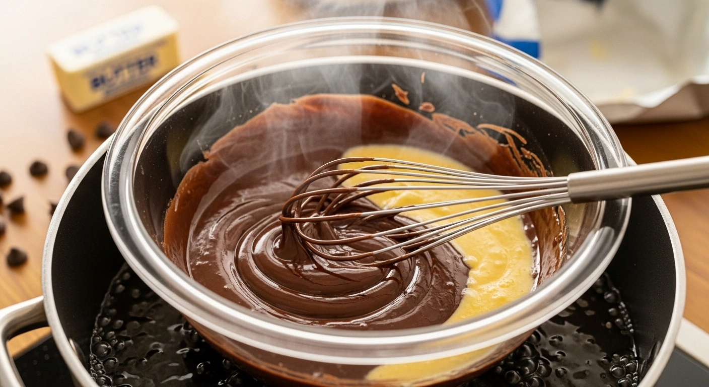 Make batter Whisk eggs, yolks, sugar, and vanilla until pale and fluffy. Gently fold in melted chocolate mixture. Sift in flour and fold until just combined.