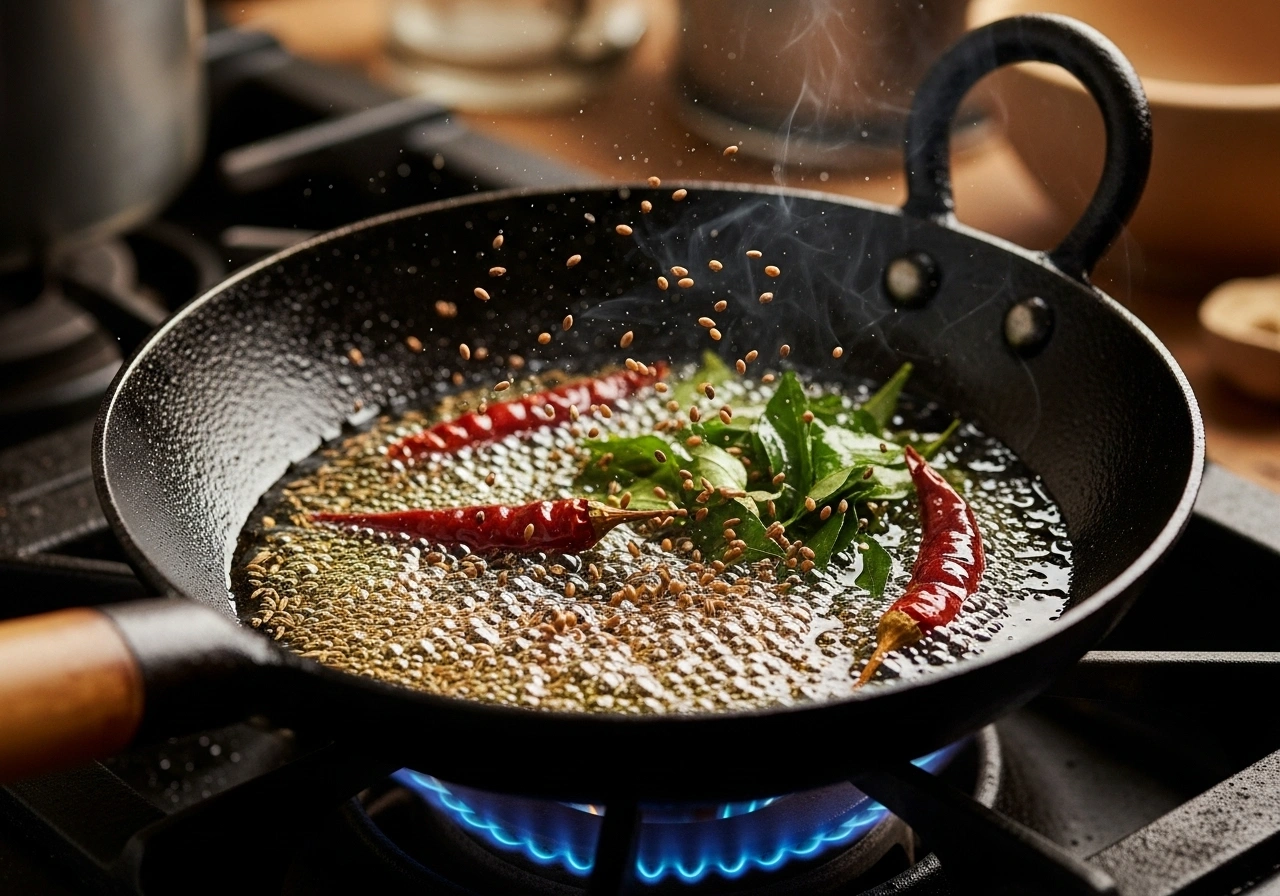 Tempering Heat oil/ghee in a pan. Add mustard seeds and let them splutter. Add cumin seeds, dry red chilli, curry leaves, and sauté briefly.