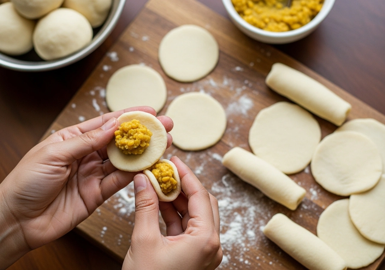 Stuff & Roll Puris Divide dough into balls. Flatten slightly, add 1 tsp dal mixture, and seal. Roll gently into small puris.