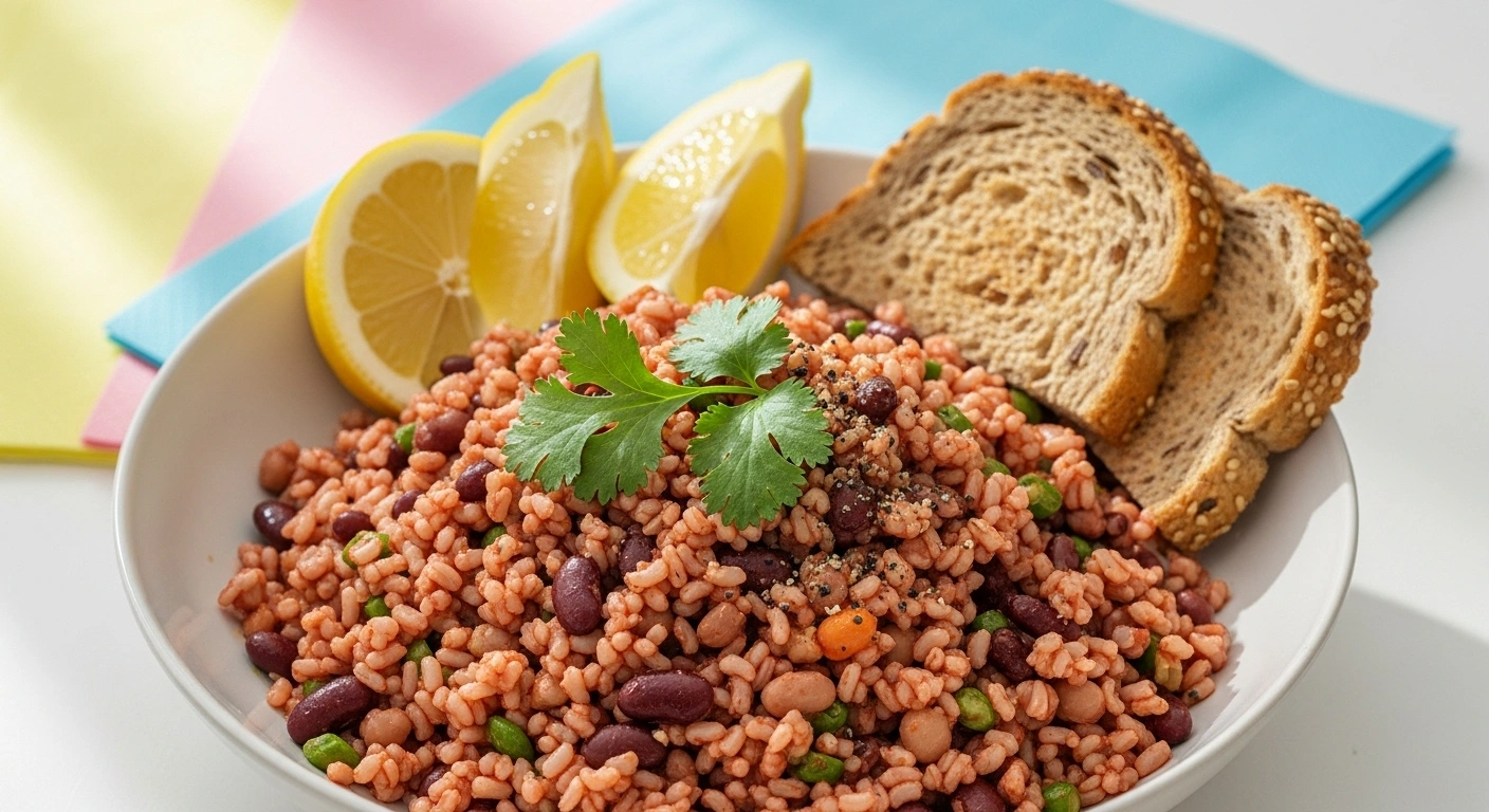 plated serving of brown rice & mixed bean salad
