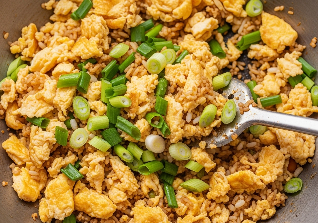 Sauté veggies In the same pan, heat remaining oil. Add garlic, onion, and spring onion whites. Sauté until fragrant. Add carrot, peas, and bell peppers. Stir-fry for 3–4 minutes on high heat.