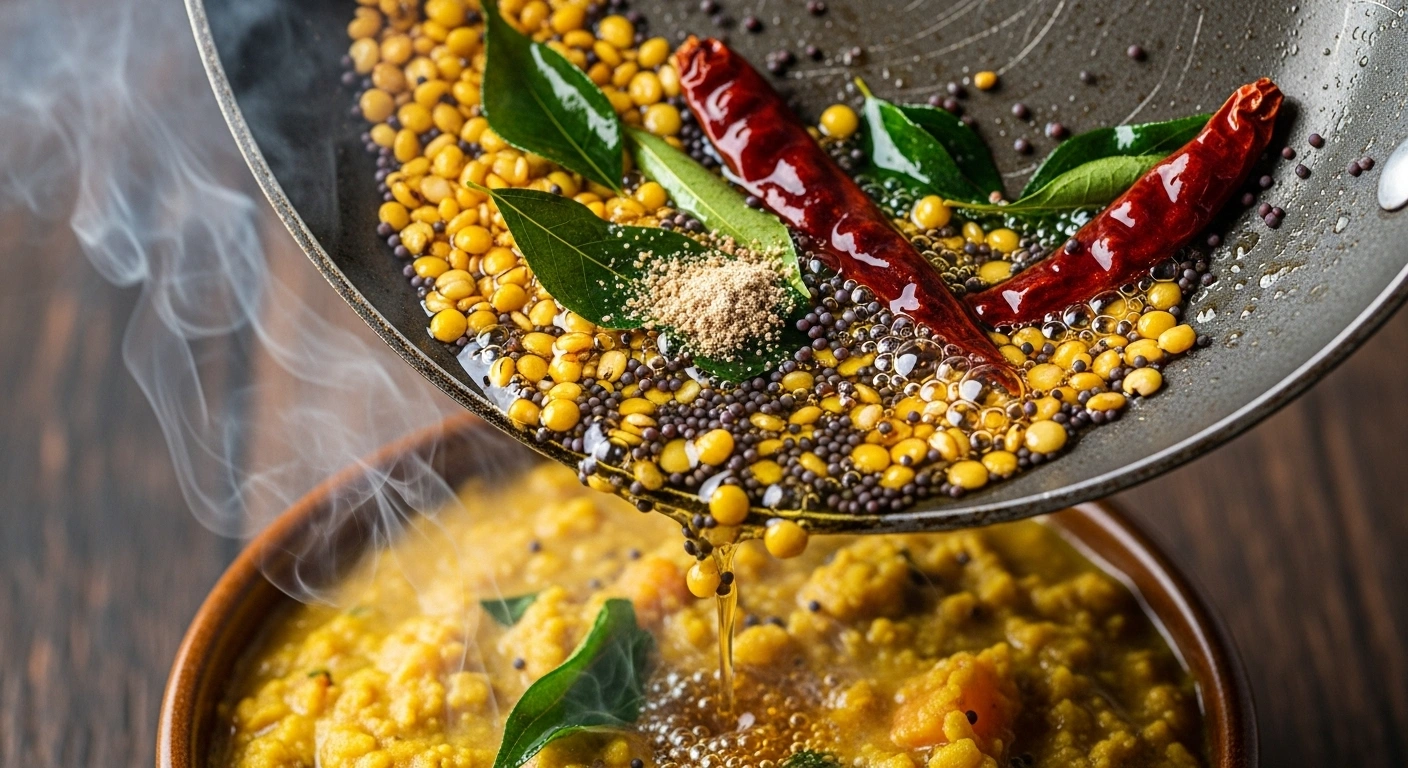Tempering Heat oil/ghee in a small tadka pan. Add urad dal; when golden, add mustard seeds, curry leaves, and dried red chilies. Let them crackle, then add asafoetida and turn off heat. Pour tempering over the kootu and stir gently.