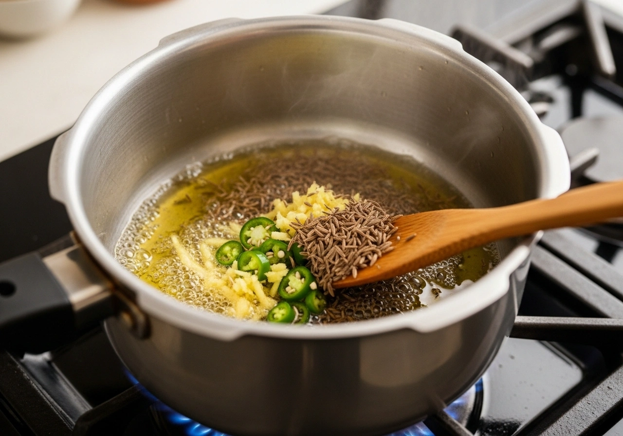 Prepare tempering Heat ghee in a pressure cooker. Add cumin seeds, ginger, and green chilli. Sauté for 1 minute.