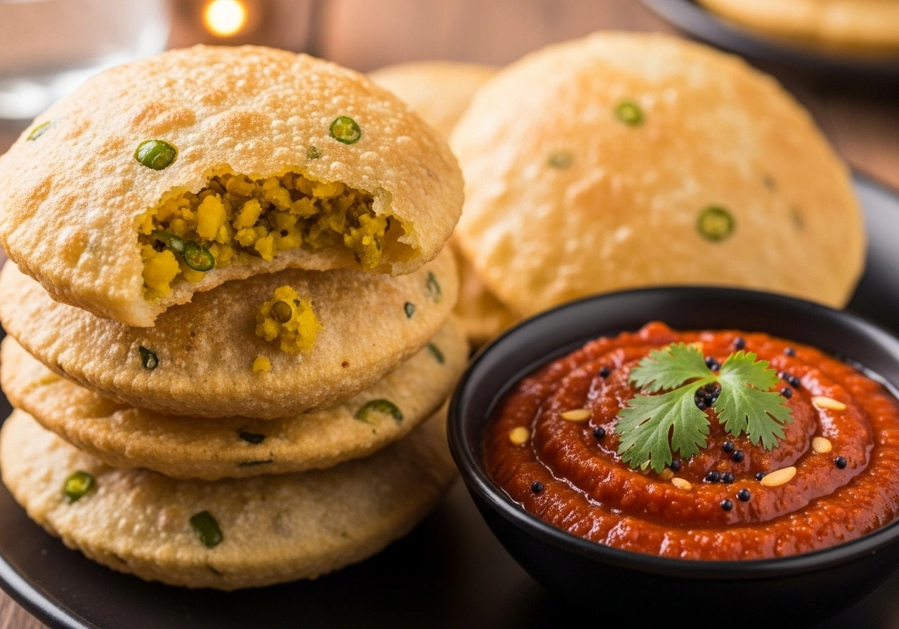 Serve Serve hot moong dal puris with tangy tomato chutney.