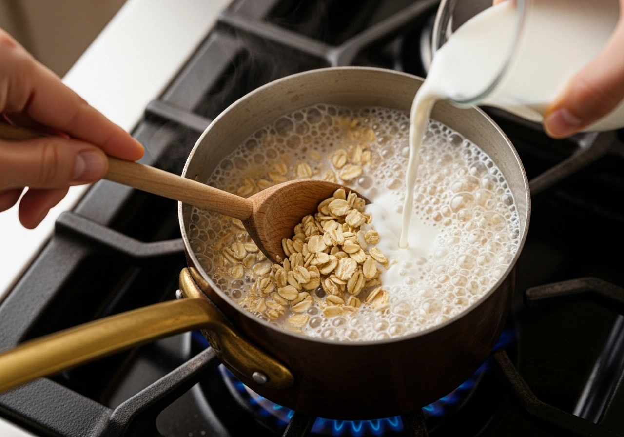 Simmer oats in milk Add milk and cook oats on low-medium flame for 8–10 minutes, stirring occasionally, until they soften and the mixture thickens.