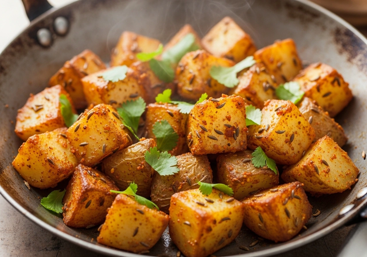 Make Jeera Aloo Heat oil in a pan. Add cumin seeds and let them crackle. Add ginger and green chilli, sauté briefly. Add turmeric, red chilli powder, coriander powder, and cubed boiled potatoes. Toss well. Cook on medium flame for 5–7 minutes until slightly crisp. Sprinkle garam masala and garnish with coriander.