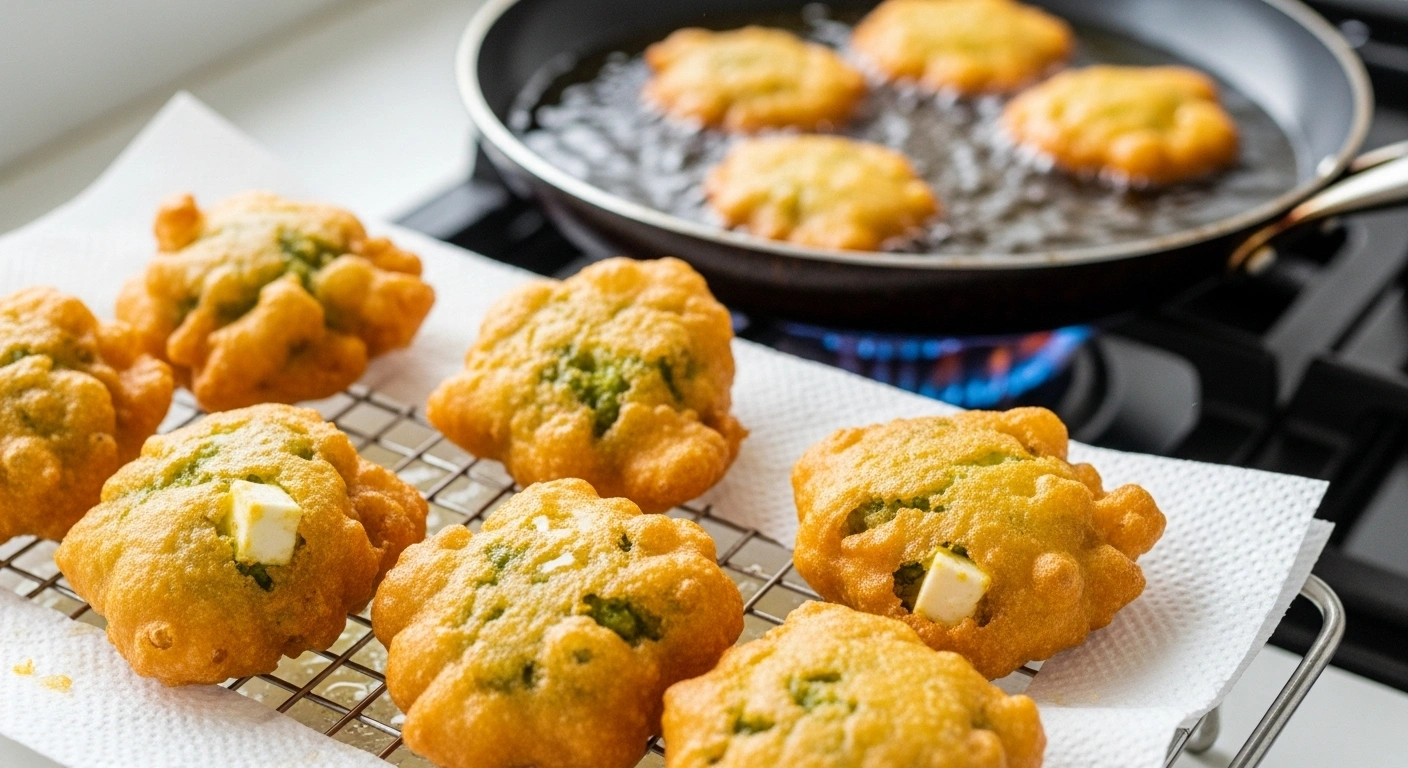 Fry Pakodas and Drain on paper towel