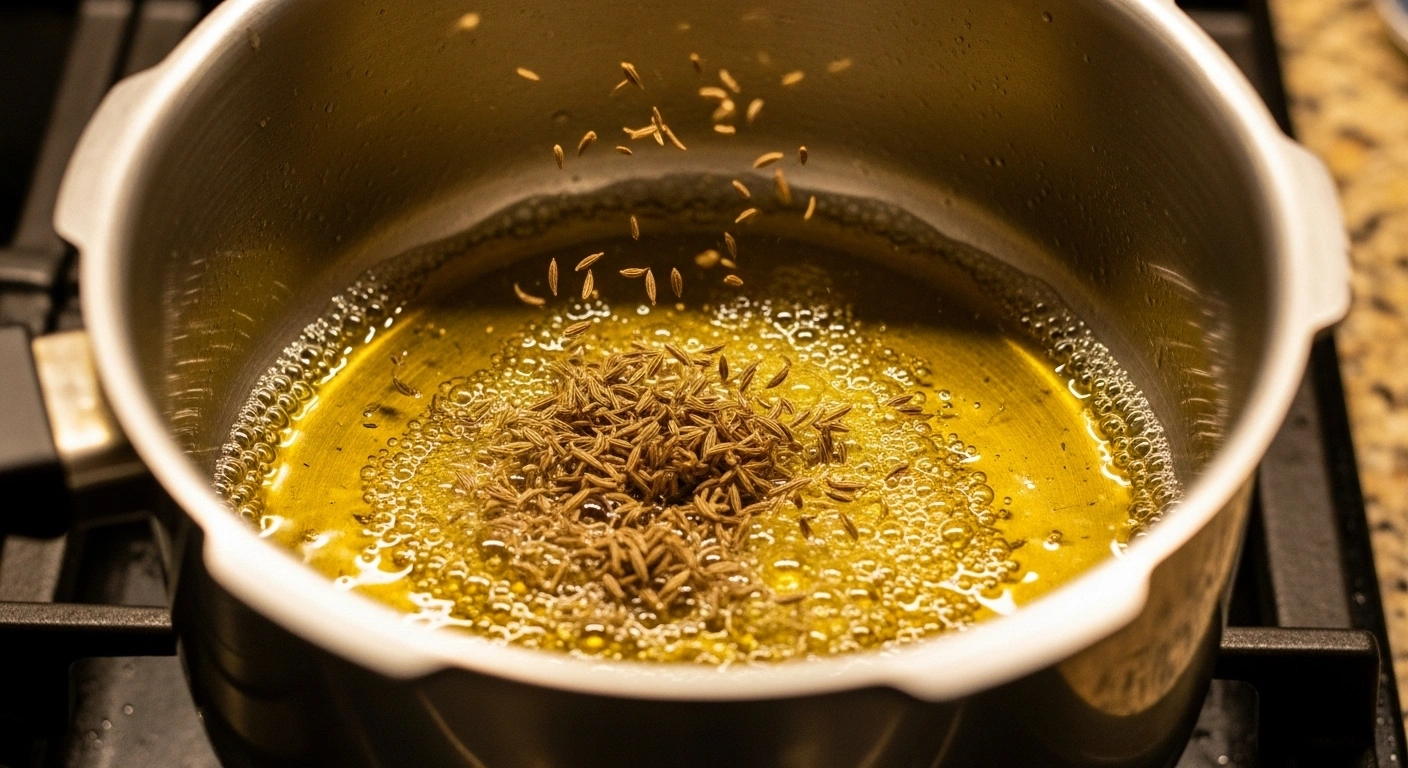 Heat oil with cumin seeds in pressure cooker