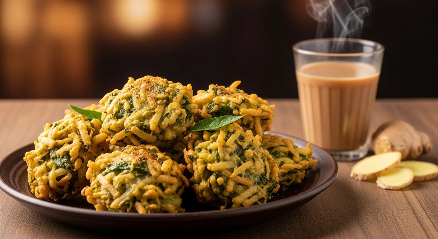  Fry Pakodas Heat oil in a deep kadhai. Drop small portions of the mixture into hot oil. Fry on medium heat until golden and crisp. Drain on kitchen paper.