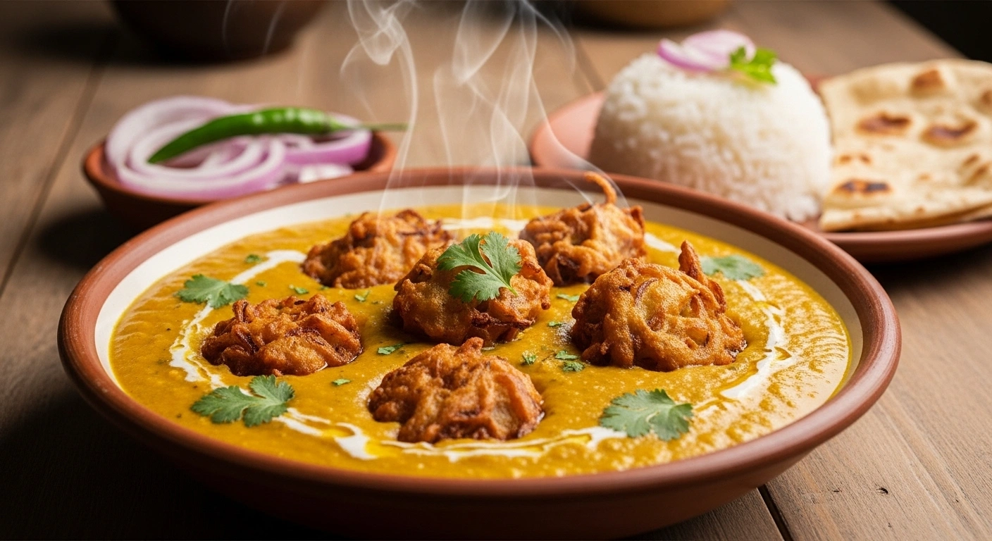 Punjabi Kadhi Pakoda is a comforting North Indian dish made with gram flour (besan) and yogurt, simmered into a tangy spiced curry, with crispy onion pakoras (fritters) added for richness. It’s a hearty, homely meal often served with steamed rice or roti.