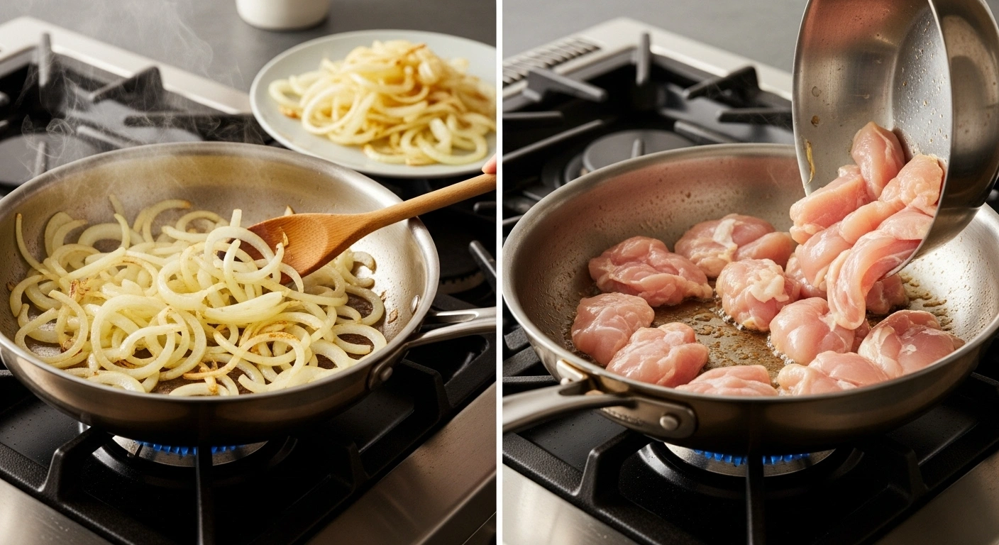 Chicken to the pan along with onions