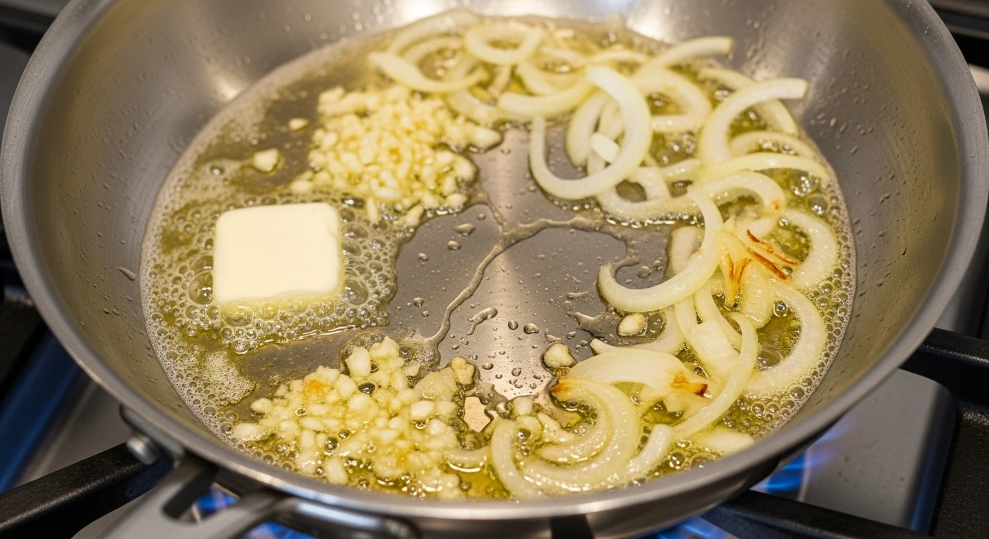 Heat Butter and Olive oil and saute onions