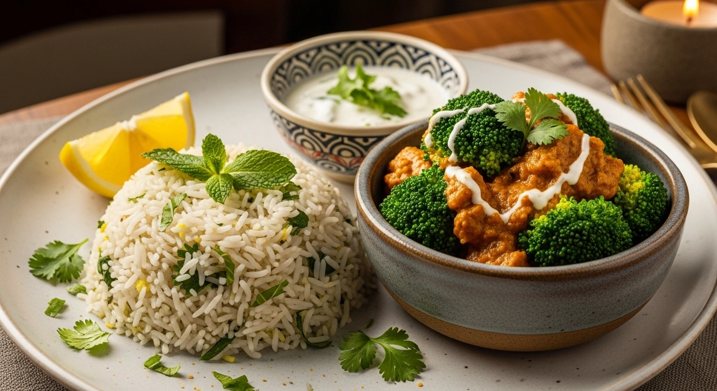 Creamy Masala Broccoli with Herb Rice: A Wholesome Fusion Plate