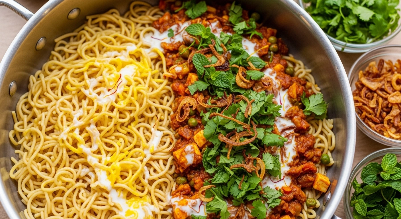 Assemble the layered Noodle Biryani