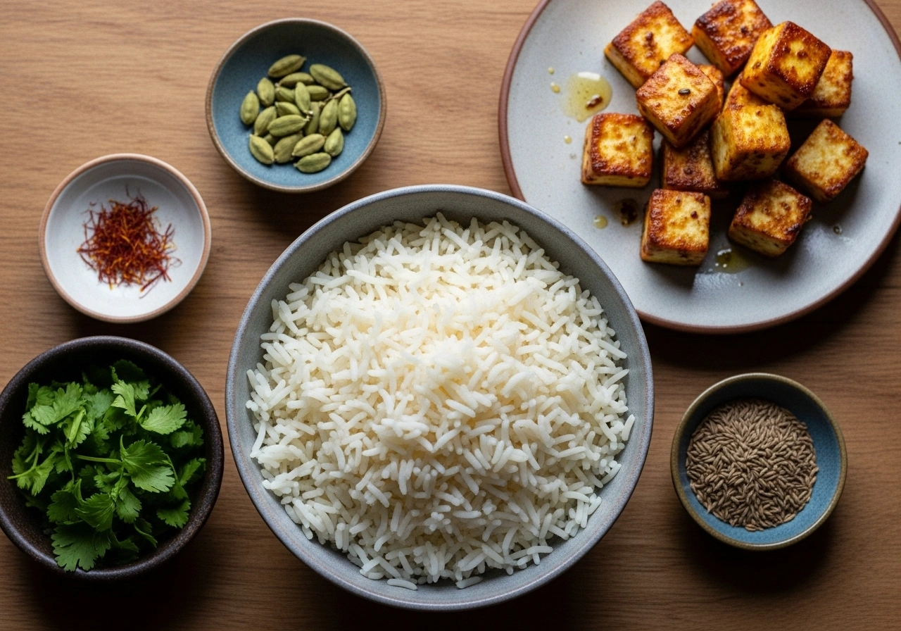 Prep rice & paneer Cook basmati rice and cool completely. Lightly sauté paneer cubes in 1 tsp oil until golden on edges. Keep aside.
