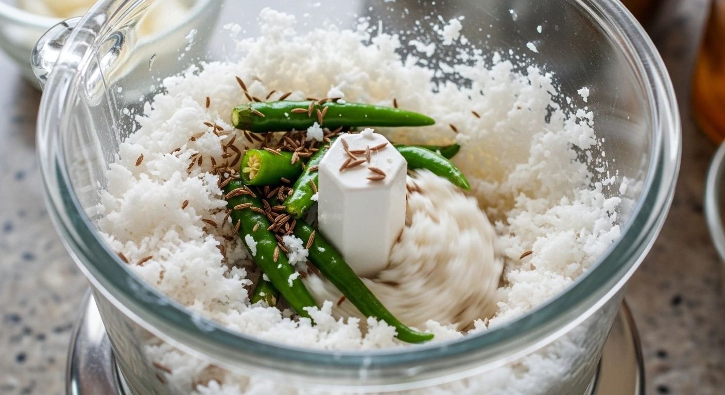 Make the Coconut Paste In a mixer, grind coconut, cumin seeds, and green chilies into a fine paste using minimal water.