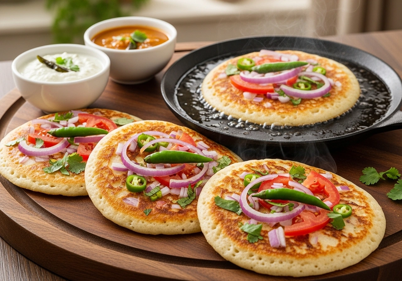 Make uttapams Heat a tawa, grease lightly. Pour a ladle of batter and spread into a thick pancake (not too thin like dosa). Sprinkle onion, tomato, green chilli, and coriander on top. Drizzle oil around edges. Cook covered until golden at base. Flip and cook briefly on other side. Repeat for remaining batter.