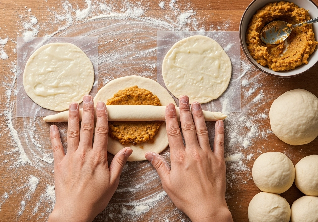 Shape parathas Divide dough into balls. Roll one between greased plastic sheets. Place 2 tbsp stuffing in the centre. Fold edges and seal, then roll gently into a paratha.