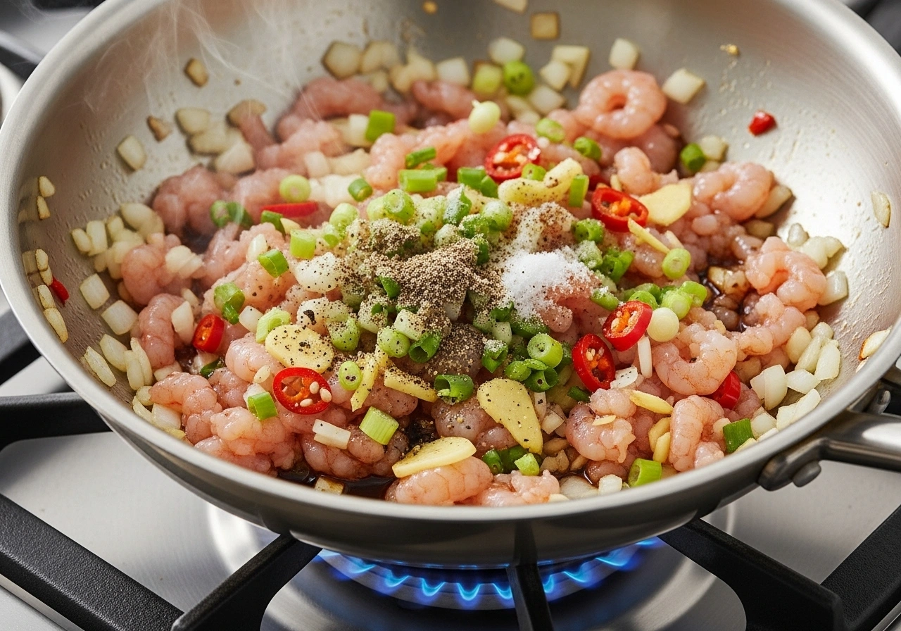 Prepare filling Heat 1 tsp oil in a pan. Lightly sauté onion, garlic, ginger, and chilli. Add minced prawns, soy sauce, salt, and pepper. Cook 2–3 minutes (don’t overcook). Mix in spring onions. Cool mixture.