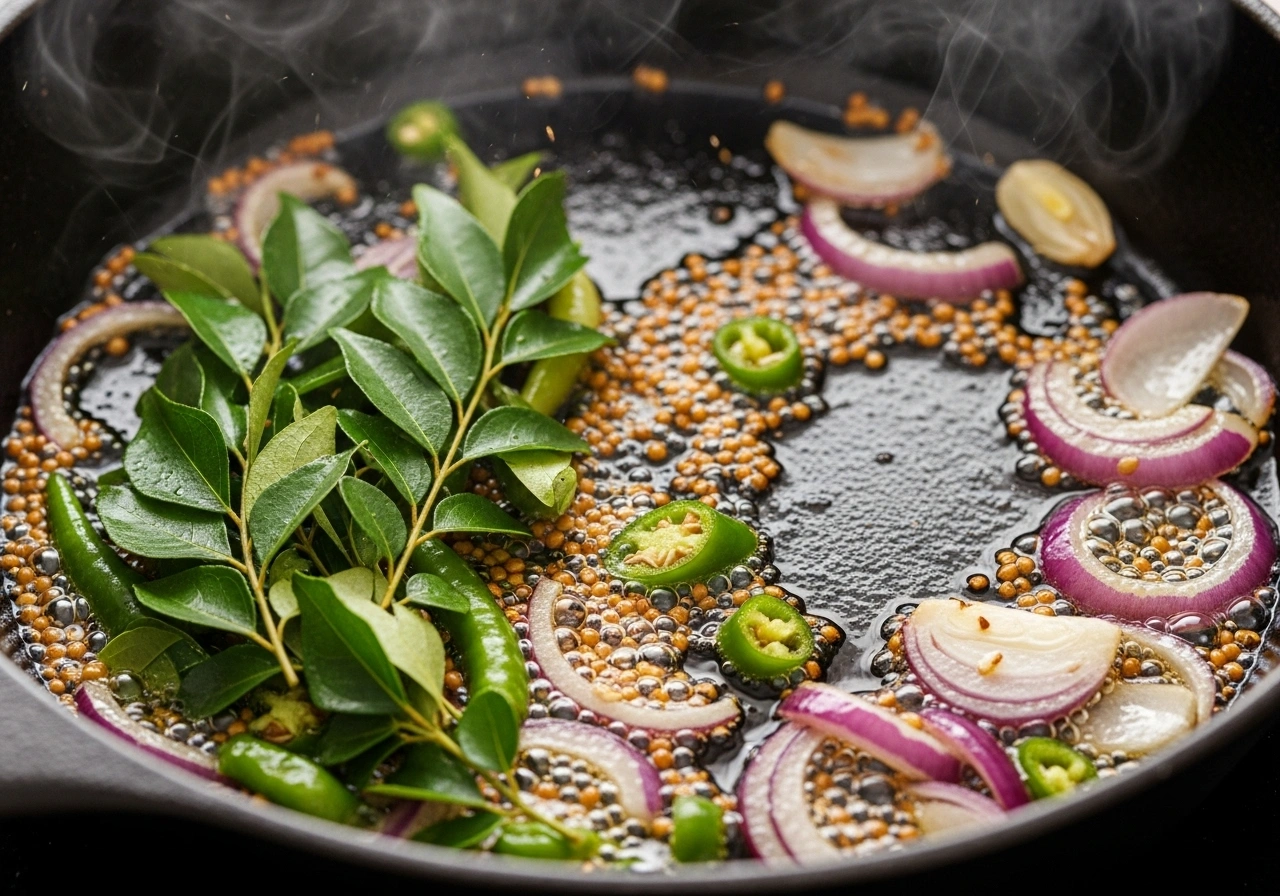 Tempering Heat oil in a pan. Add mustard seeds. When they splutter, add curry leaves, green chillies, and onions. Sauté until onions turn soft.
