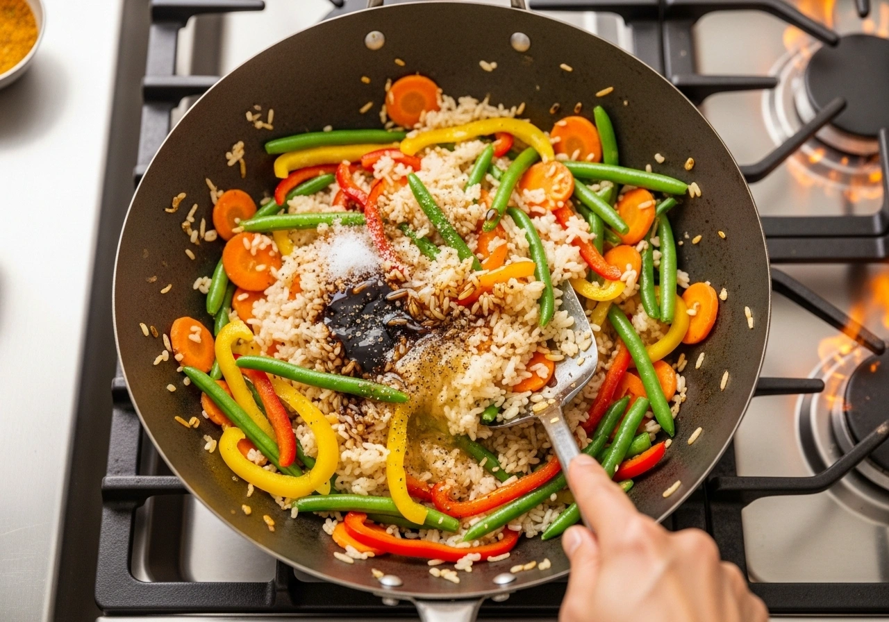 Add rice & seasonings Add cooked rice, soy sauce, vinegar, salt, and pepper. Toss gently on high flame.