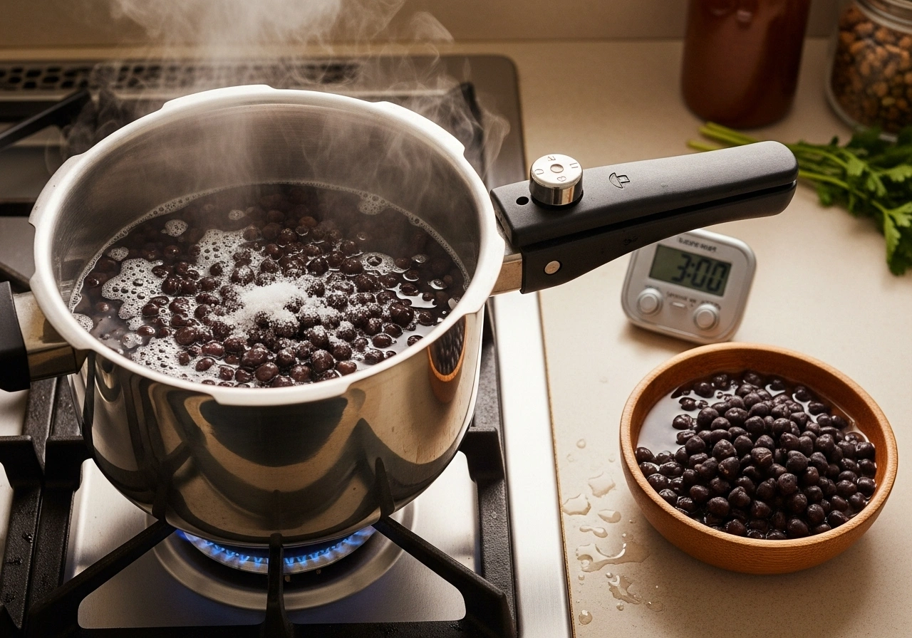 Cook legumes Pressure cook soaked black chickpeas with water and a pinch of salt until soft (3–4 whistles). Drain excess water and set aside.